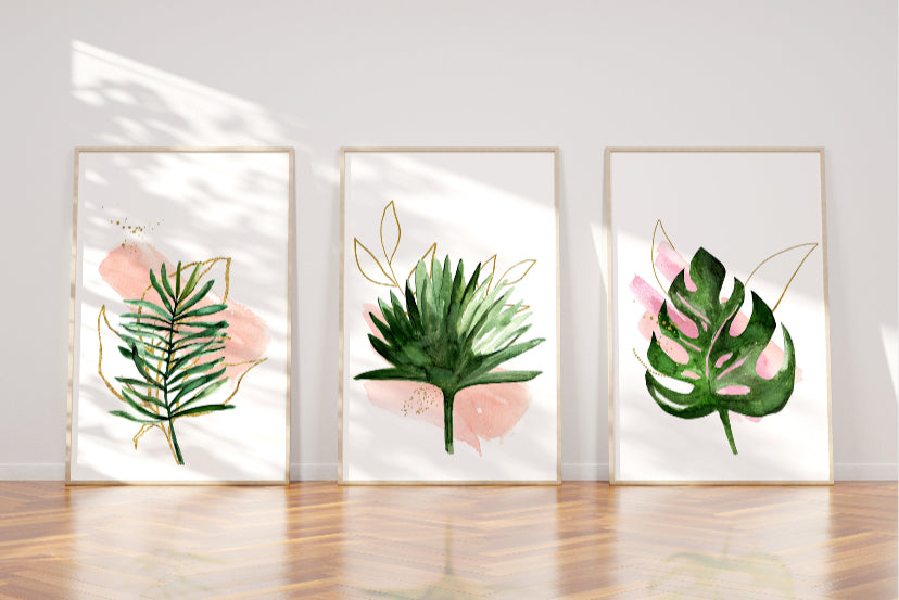 Green, pink and gold plant leaf line art print set of 3 wall art prints