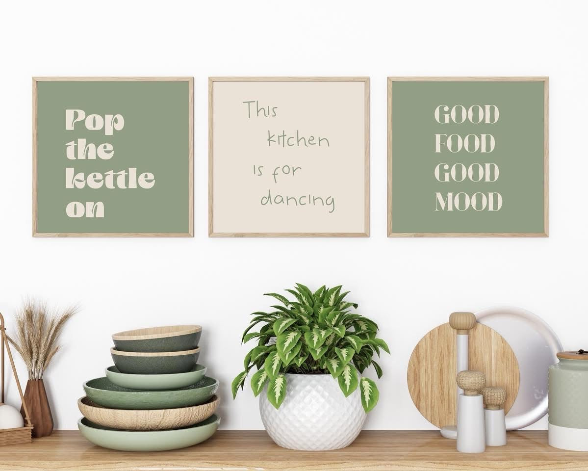 Sage green and beige kitchen print set of 3 wall art prints