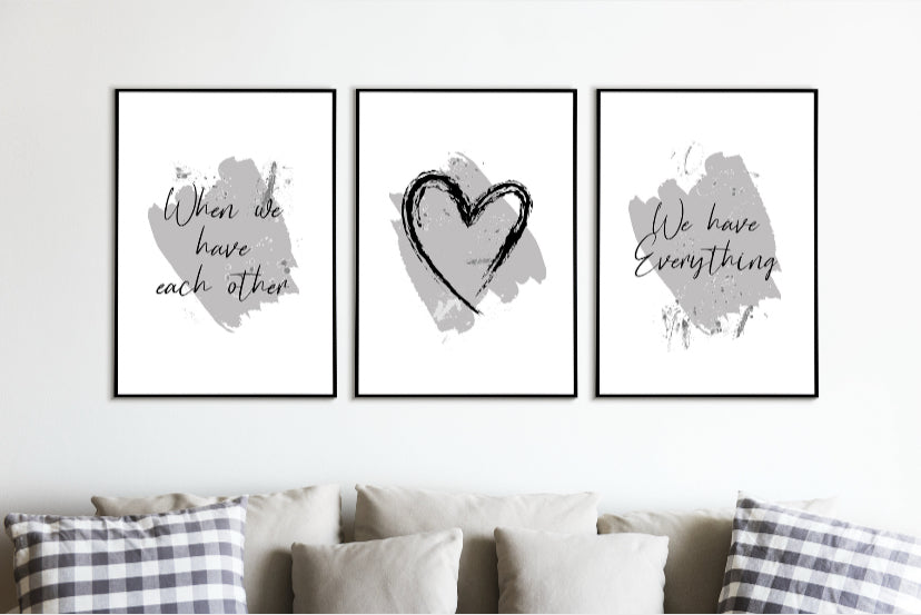Grey and black home love family typography print set of 3 wall art prints