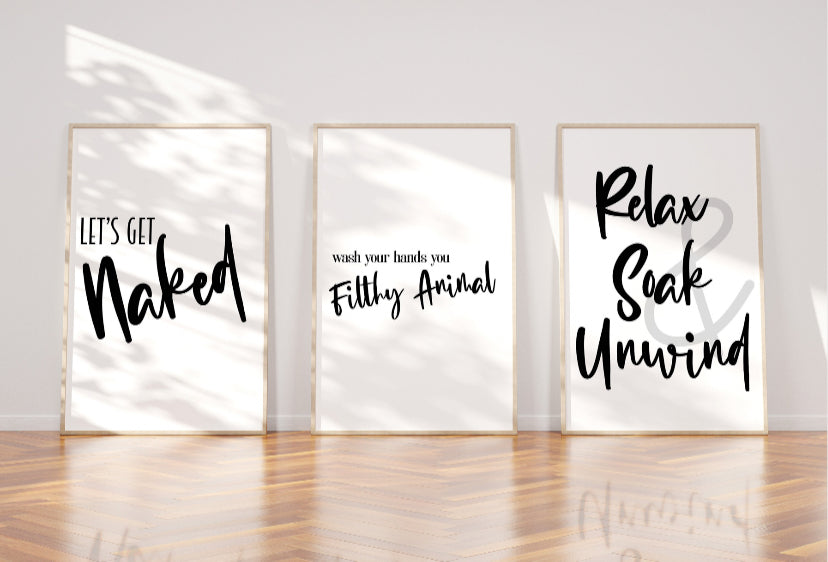 Bathroom typography print set of 3 wall art prints