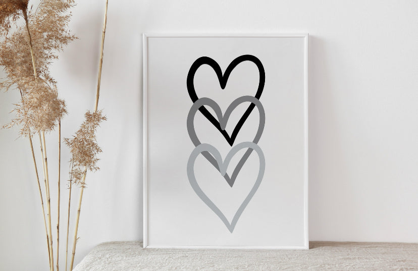 Black and grey triple love heart print, grey love heart, unframed print