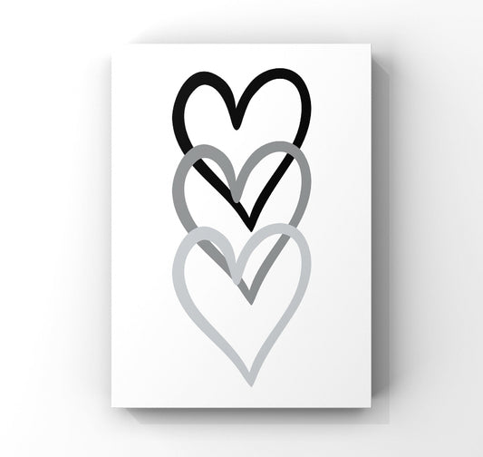 Black and grey triple love heart print, grey love heart, unframed print