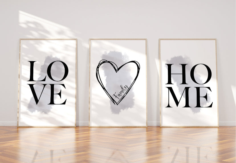 Grey and black home love family typography print set of 3 wall art prints