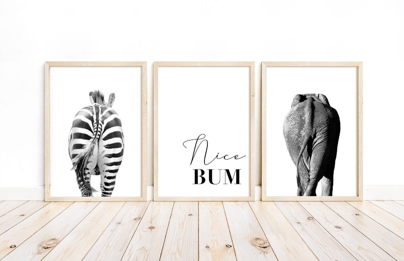 Bathroom print set of 3 nice bum, zebra, elephant wall art prints,