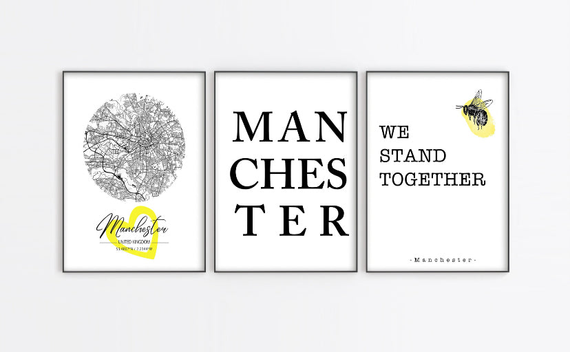Manchester Map typography print set of 3 wall art prints
