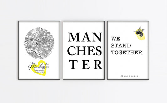 Manchester Map typography print set of 3 wall art prints