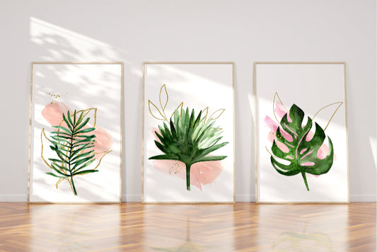 Green, pink and gold plant leaf line art print set of 3 wall art prints