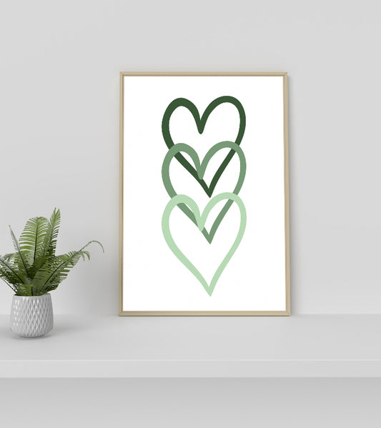 Sage green triple love heart print, green love heart, unframed print