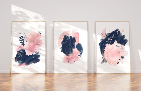 Navy blue, pink and silver abstract print set of 3 wall art prints