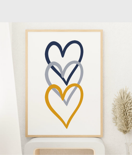 Navy blue and mustard triple love heart print, blue love heart, unframed print