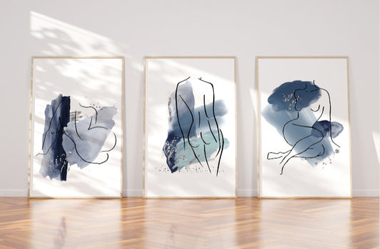Navy blue and silver female line art print set of 3 wall art prints
