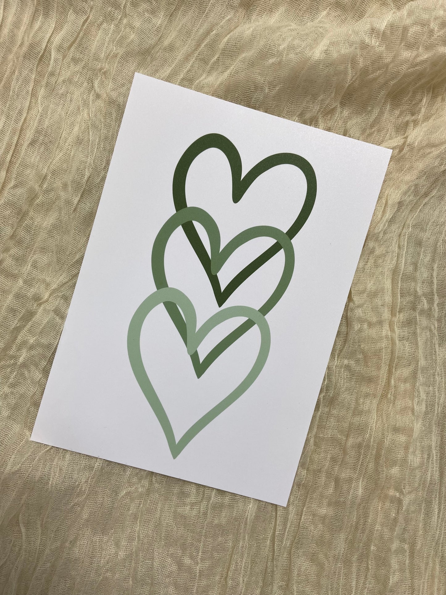 Sage green triple love heart print, green love heart, unframed print