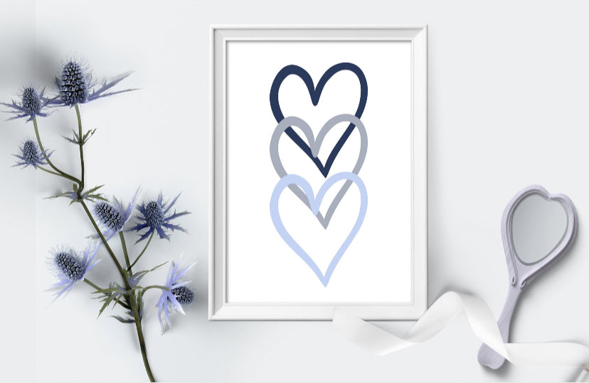 Blue triple love heart print, blue love heart, home decor, unframed print