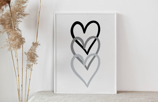 Black and grey triple love heart print, grey love heart, unframed print