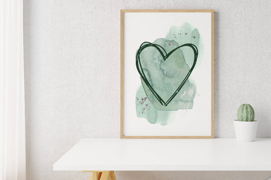 Sage green love heart print, green love heart, unframed print