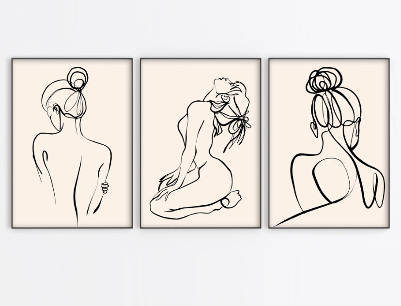 Black and beige female line art print set of 3 wall art prints