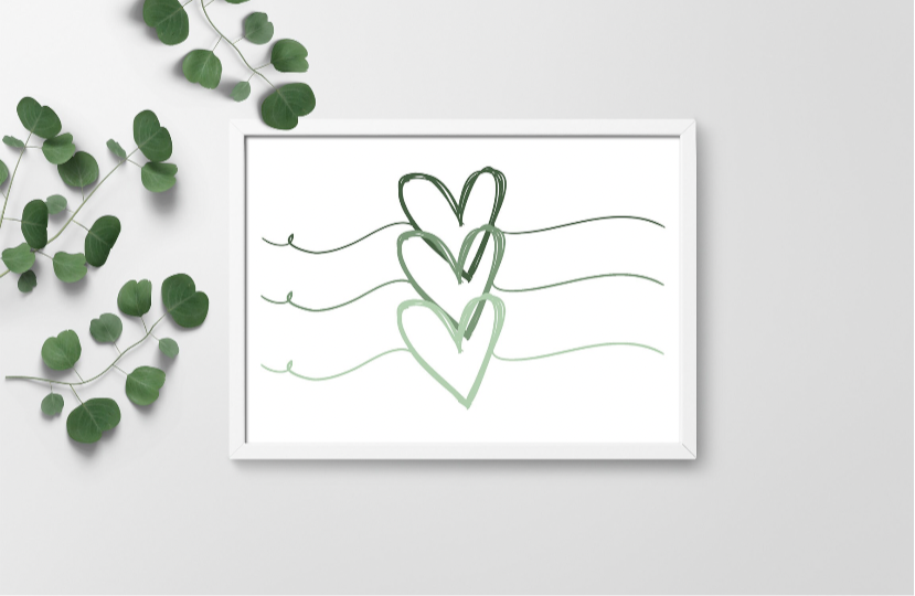 Sage green love triple heart print, green love heart, unframed print