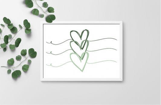 Sage green love triple heart print, green love heart, unframed print