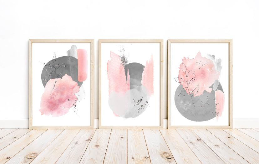 Grey, pink and silver abstract print set of 3 wall art prints