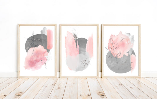 Grey, pink and silver abstract print set of 3 wall art prints
