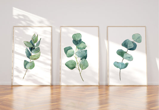 Green flower eucalyptus leaf line art print set of 3 wall art prints