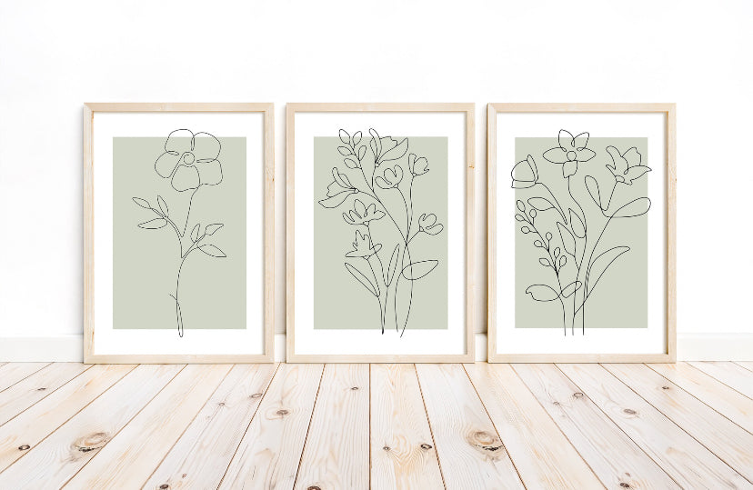 Sage green flower leaf line art print set of 3 wall art prints