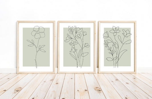 Sage green flower leaf line art print set of 3 wall art prints