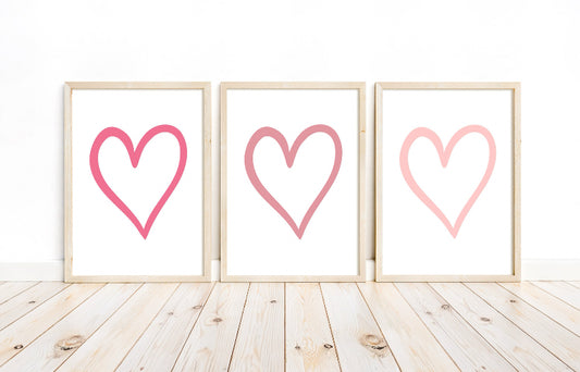 Pink love heart print set of 3 pink tone wall art prints