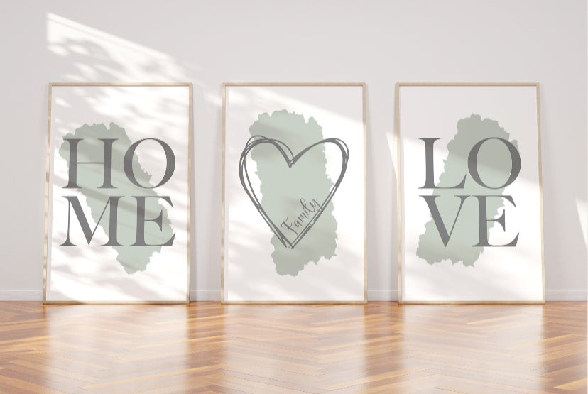 Sage green and grey home love family print set of 3 wall art prints