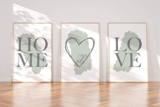 Sage green and grey home love family print set of 3 wall art prints