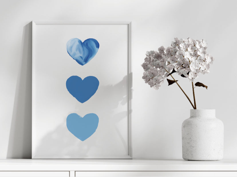 Blue love heart print, blue love heart, home decor, unframed print