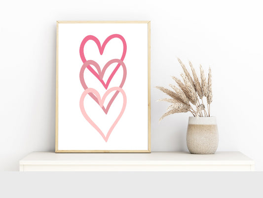 Pink triple love heart print, pink love heart, home decor, unframed print